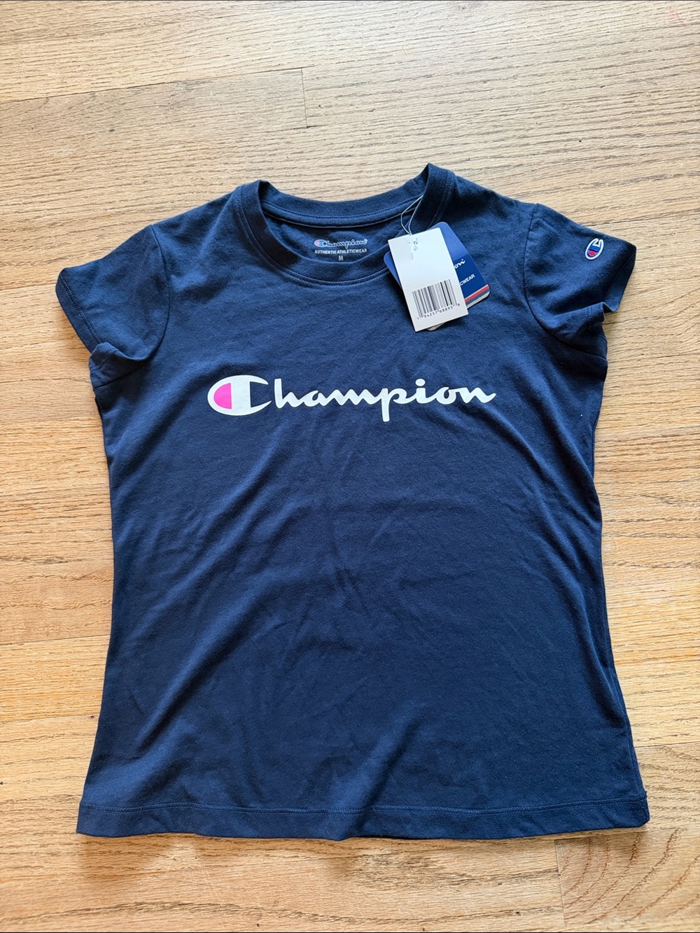 Champion Navy Blue Logo Tee with Pink Accent